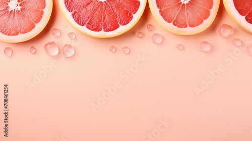 Refreshing Grapefruit Bliss: Top View Photo of Juicy Citrus Slices, Ice Cubes, and Water Drops on Pastel Pink Background with Copy-Space for Summer Promotions