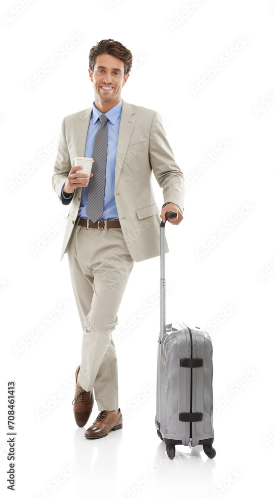 Business, man and travel or suitcase in studio with portrait and happy for coffee, meeting or trip. Entrepreneur, corporate professional and face with smile for journey or career on white background Business, man and travel or suitcase in studio with portrait and happy for coffee, meeting or trip. Entrepreneur, corporate professional and face with smile for journey or career on white background