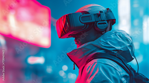 Young Man Enjoying Immersive Internet Experience, Futuristic Virtual Reality Goggles, Infinite Possibilities, Digital Physical Augmented, Entertainment, Intuitive Work Environment, Future 