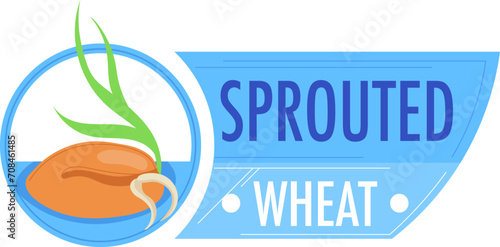 Sprouted wheat grain with green shoots in a blue circle. Healthy organic food label design. Nutrition and agriculture concept vector illustration.
