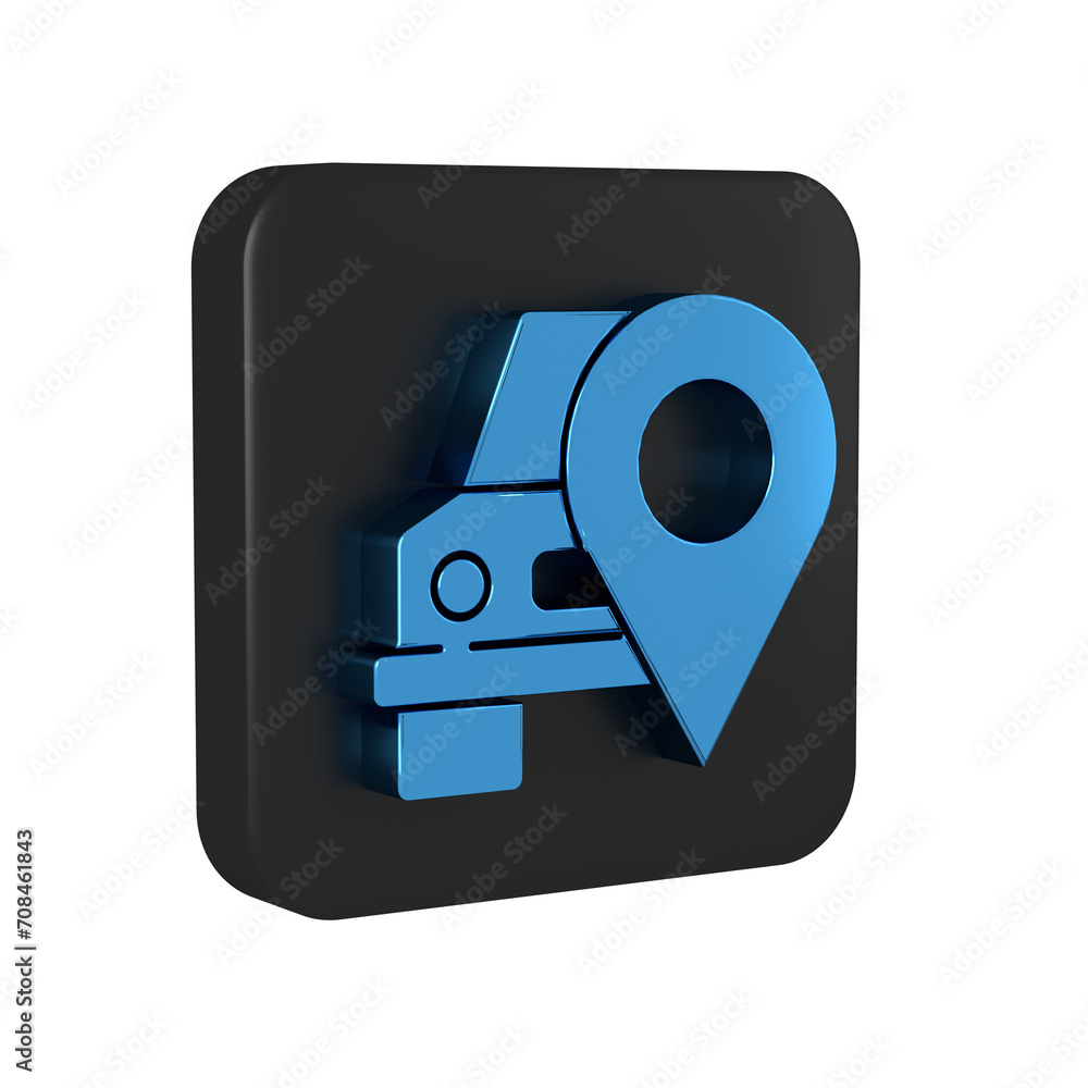 Blue Map pointer with taxi icon isolated on transparent background. Location symbol. Black square button. Blue Map pointer with taxi icon isolated on transparent background. Location symbol. Black square button.