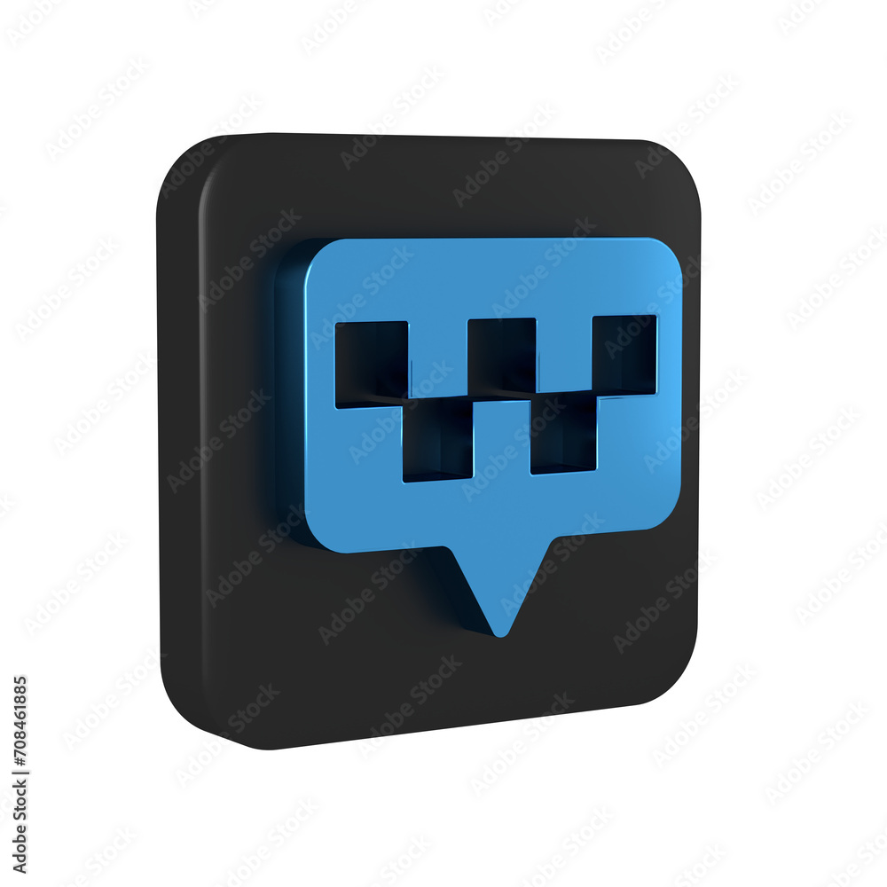 Blue Map pointer with taxi icon isolated on transparent background. Location symbol. Black square button. Blue Map pointer with taxi icon isolated on transparent background. Location symbol. Black square button.