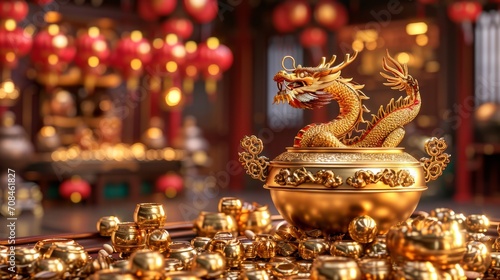 Golden Dragon on Coins Pile Representing Wealth and Prosperity