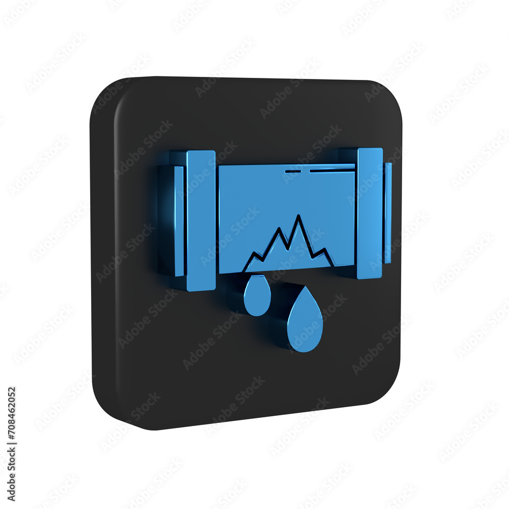 Blue Broken metal pipe with leaking water icon isolated on transparent background. Black square button. Blue Broken metal pipe with leaking water icon isolated on transparent background. Black square button.