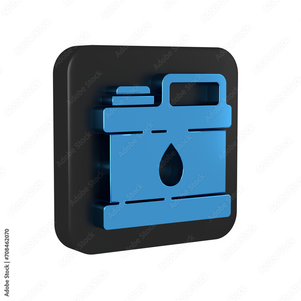 Blue Plastic canister for motor machine oil icon isolated on transparent background. Oil gallon. Oil change service and repair. Black square button. Blue Plastic canister for motor machine oil icon isolated on transparent background. Oil gallon. Oil change service and repair. Black square button.