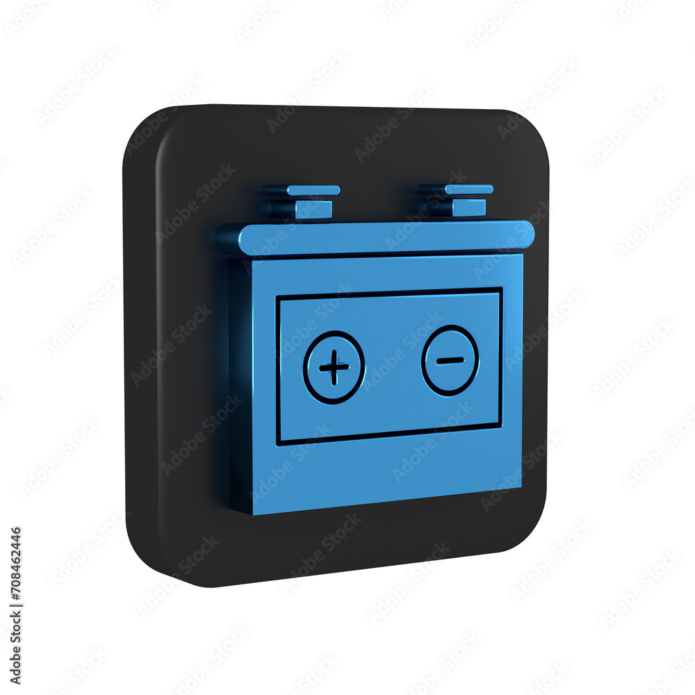 Blue Car battery icon isolated on transparent background. Accumulator battery energy power and electricity accumulator battery. Black square button. Blue Car battery icon isolated on transparent background. Accumulator battery energy power and electricity accumulator battery. Black square button.