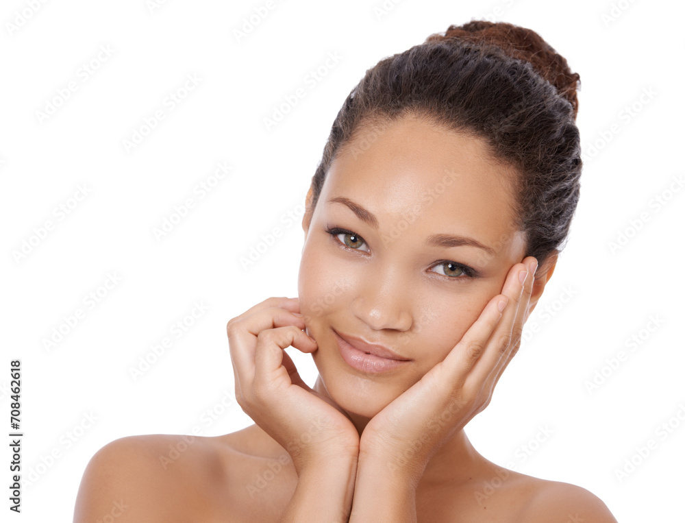 Happy woman, portrait and skincare for beauty, cosmetics or treatment against a white studio background. Face of attractive young female person smile in satisfaction for spa or facial on mockup space