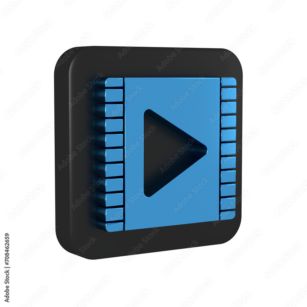Blue Play Video icon isolated on transparent background. Film strip with play sign. Black square button. Blue Play Video icon isolated on transparent background. Film strip with play sign. Black square button.