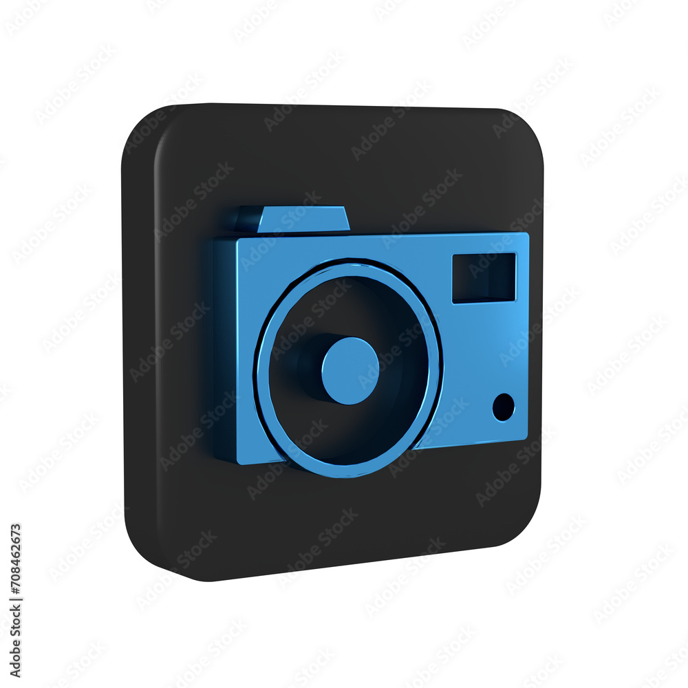 Blue Photo camera icon isolated on transparent background. Foto camera icon. Black square button. Blue Photo camera icon isolated on transparent background. Foto camera icon. Black square button.