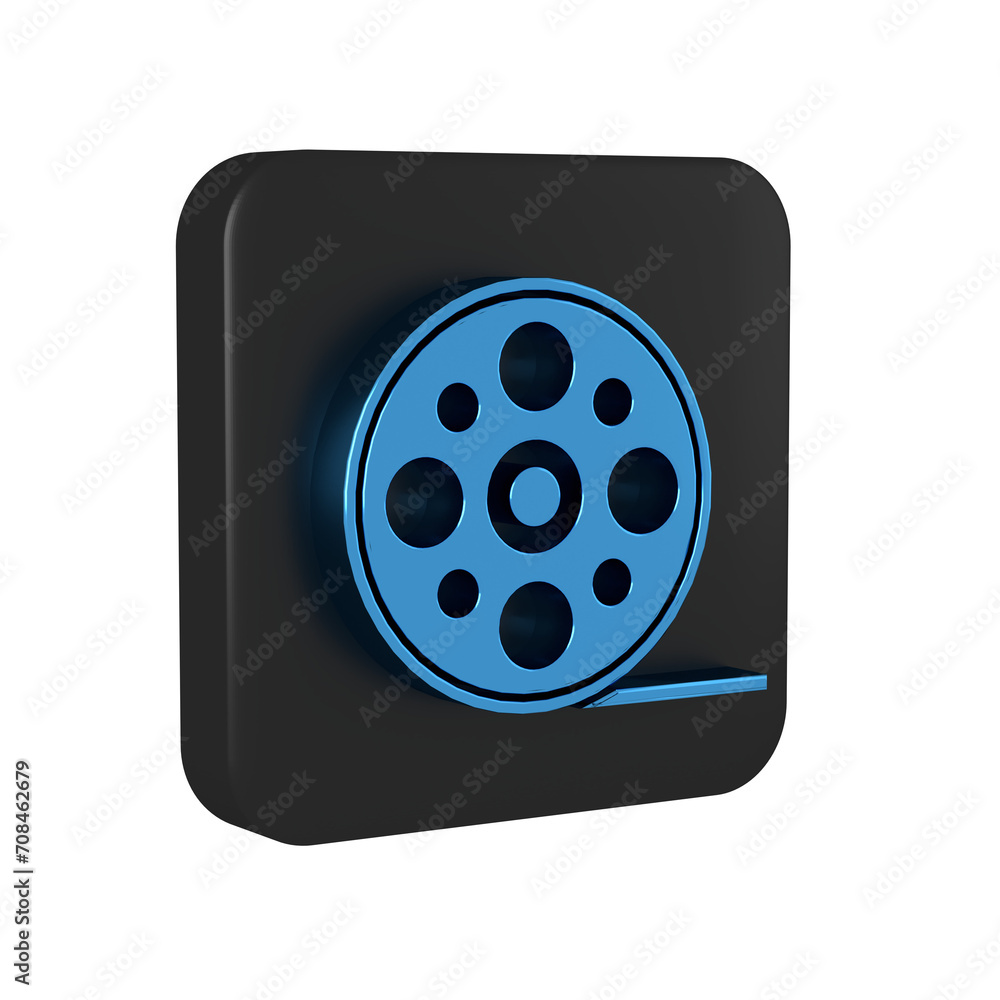 Blue Film reel icon isolated on transparent background. Black square button.