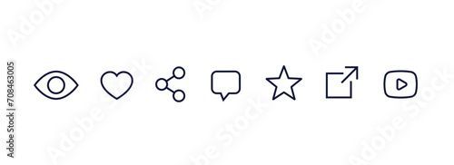 Views, likes, share, comment and rate icons, line vector