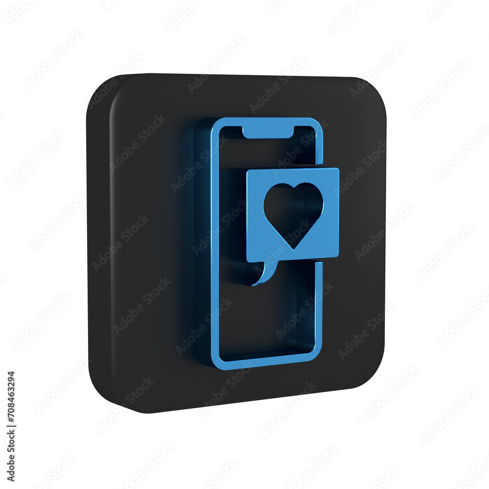 Blue Smartphone with heart emoji speech bubble get message on screen icon isolated on transparent background. Valentines day. Black square button.