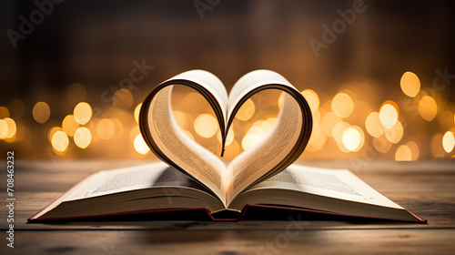 Open book with heart shaped pages. Pages folding inward to form a heart shape. A representation of the love for reading.