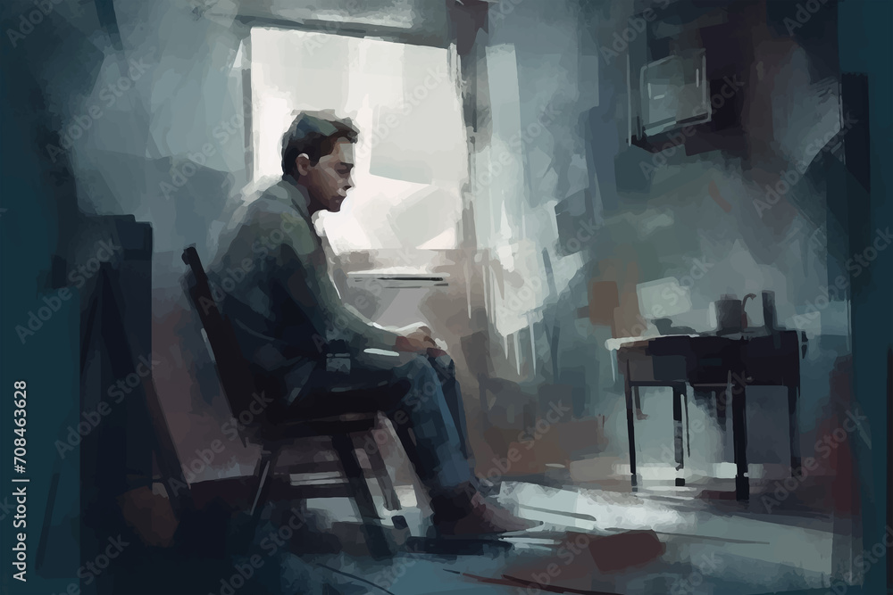 A lonely young man in a room, painted in watercolor on textured paper in gray-blue tones. Digital watercolor painting - obrazy, fototapety, plakaty 