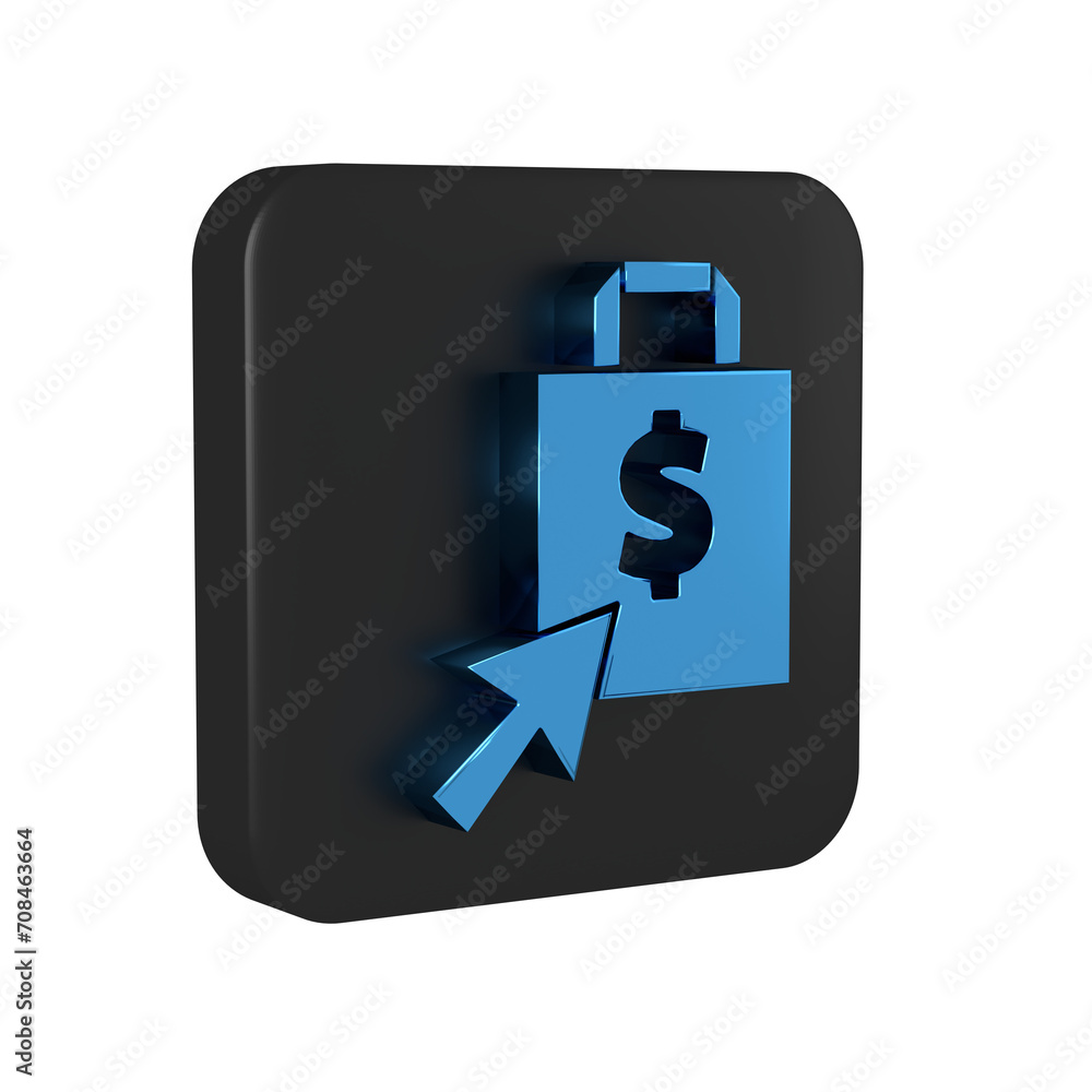 Blue Shoping bag and dollar icon isolated on transparent background. Handbag sign. Woman bag icon. Female handbag sign. Black square button. Blue Shoping bag and dollar icon isolated on transparent background. Handbag sign. Woman bag icon. Female handbag sign. Black square button.