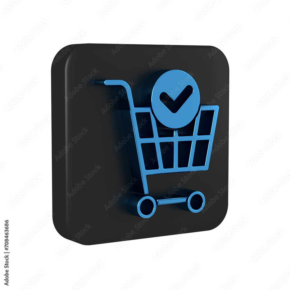 Blue Shopping cart with check mark icon isolated on transparent background. Supermarket basket with approved, confirm, done, tick, completed. Black square button. Blue Shopping cart with check mark icon isolated on transparent background. Supermarket basket with approved, confirm, done, tick, completed. Black square button.