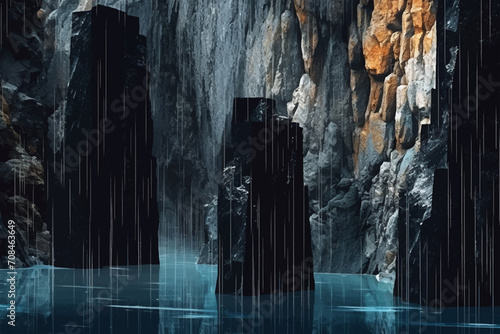 Glitchy landscape of deep dark powder covering landscape with monoliths  Abstract vertical interplay of lines on transparent veil  painted with watercolor paint.