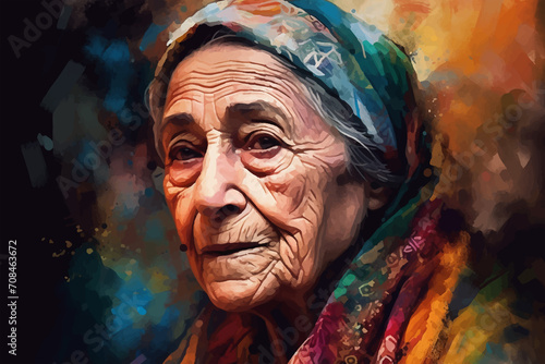Portrait of an elderly woman painted in watercolor on textured paper. Digital watercolor painting