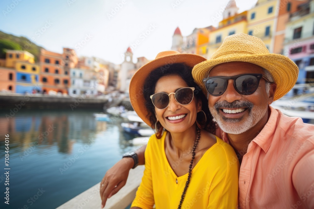 Joyful Retired Middle-Aged Indian Couple Capturing a Selfie in an Exotic Country Generative Ai
