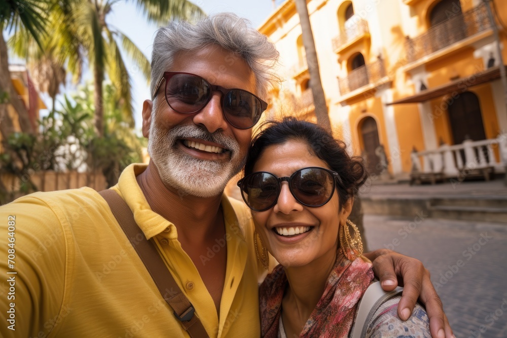 Middle-Aged Indian Couple's Joyful Selfie in an Exotic Destination Generative Ai
