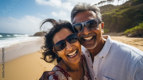 Joyful Middle-Aged Indian Couple at the Beach Generative Ai
