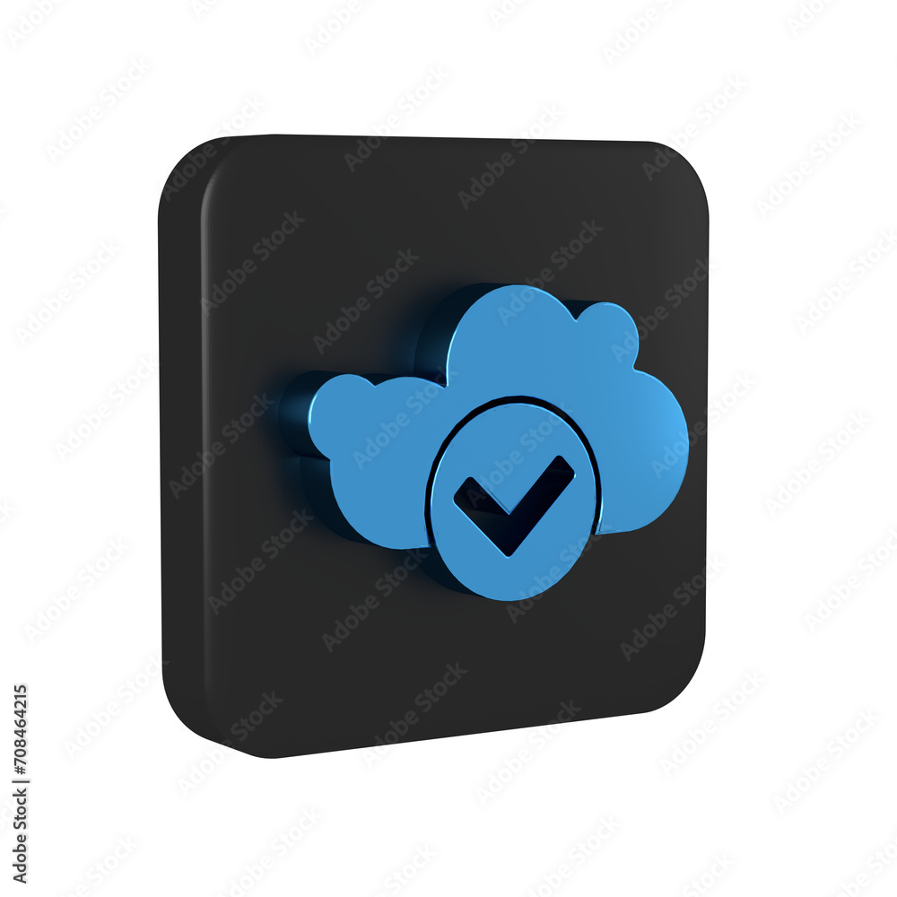 Blue Cloud with check mark icon isolated on transparent background. Cloud storage data protection. Cloud computing. Black square button. Blue Cloud with check mark icon isolated on transparent background. Cloud storage data protection. Cloud computing. Black square button.