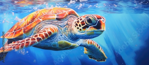 Bitten sea turtle swims in blue water, missing flippers.