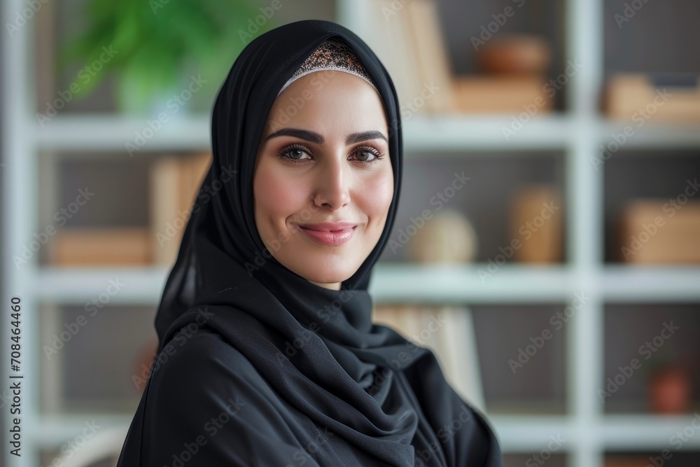 Poised Muslim woman, adorned in a black hijab, smiles gracefully and gazes directly at the camera Poised Muslim woman, adorned in a black hijab, smiles gracefully and gazes directly at the camera
