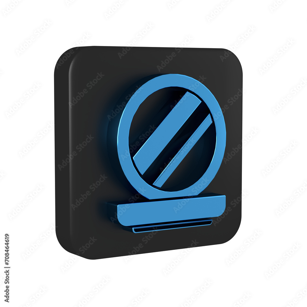 Blue Makeup powder with mirror icon isolated on transparent background. Black square button. Blue Makeup powder with mirror icon isolated on transparent background. Black square button.