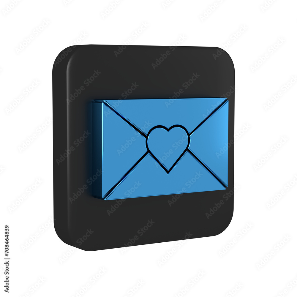 Blue Envelope with Valentine heart icon isolated on transparent background. Message love. Letter love and romance. Black square button.