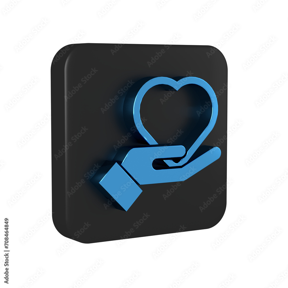 Blue Heart on hand icon isolated on transparent background. Hand giving love symbol. Valentines day symbol. Black square button. Blue Heart on hand icon isolated on transparent background. Hand giving love symbol. Valentines day symbol. Black square button.