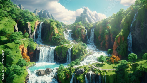 Illustration artwork of a beautiful green waterfall landscape shining by the light of sun. Artwork  Nature  Mountains and Nature