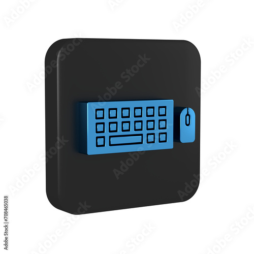 Blue Computer keyboard and mouse icon isolated on transparent background. PC component sign. Black square button.