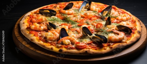 Italian seafood pizza with king prawns, mussels, and calamaretti presented on a rustic board.