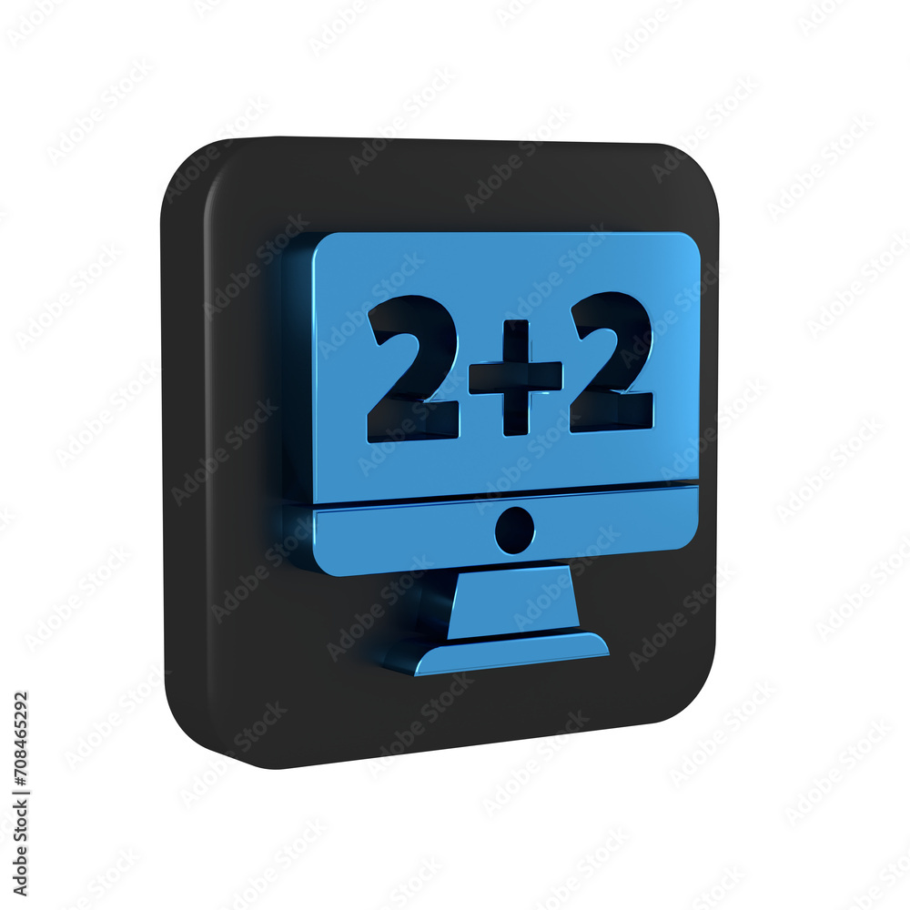Blue Math system of equation solution on computer monitor icon isolated on transparent background. Black square button. Blue Math system of equation solution on computer monitor icon isolated on transparent background. Black square button.