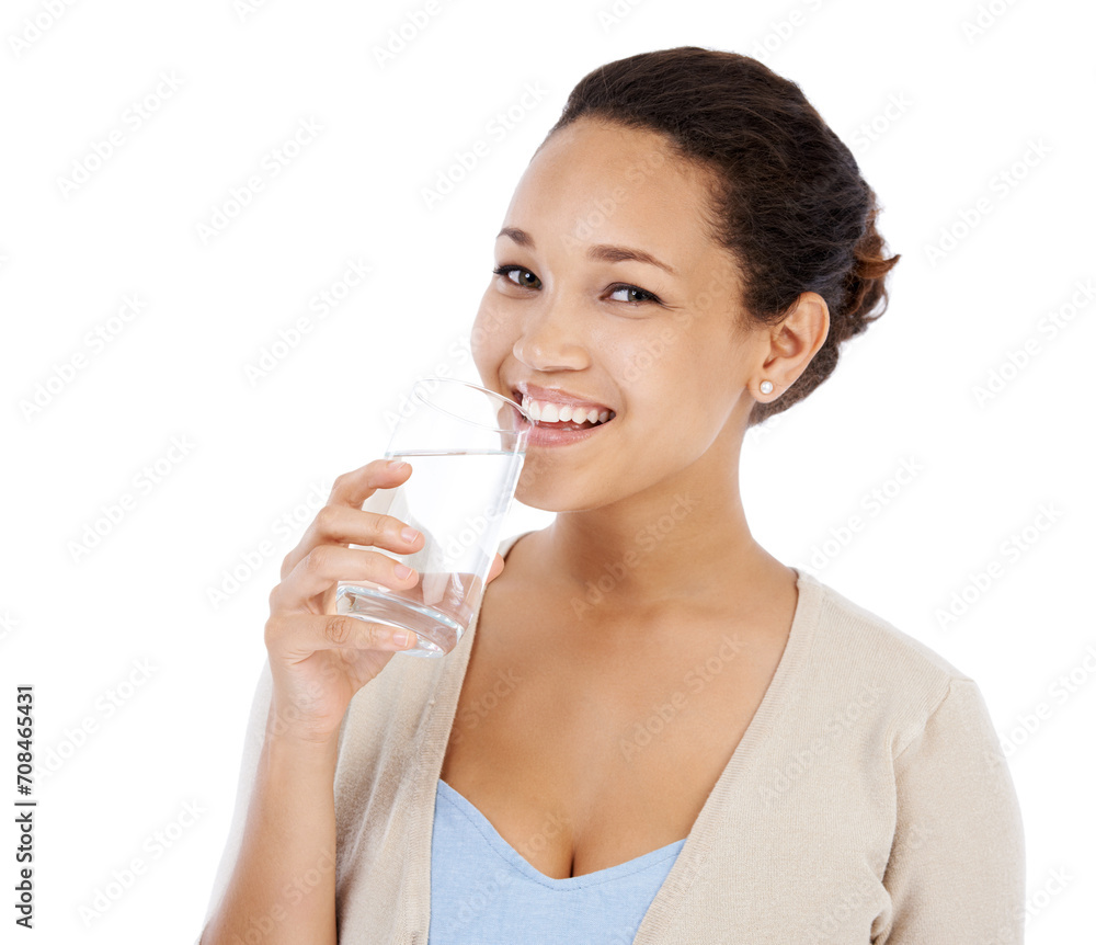 Portrait, woman and drinking water in studio for healthy nutrition, diet and detox on white background. Happy model with refreshing glass of liquid, aqua and h2o for benefits, hydration and vitamins Portrait, woman and drinking water in studio for healthy nutrition, diet and detox on white background. Happy model with refreshing glass of liquid, aqua and h2o for benefits, hydration and vitamins