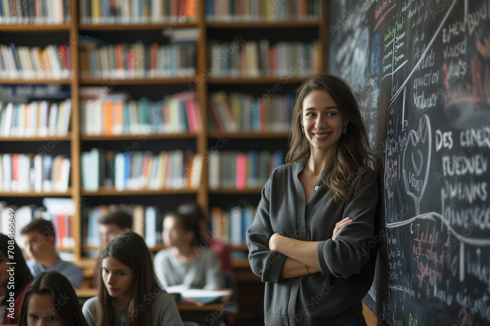 A passionate teacher, mid-40s, standing in front of a classroom filled with attentive students, her eyes sparkling with enthusiasm as she gestures towards a blackboard filled with colorful diagrams A passionate teacher, mid-40s, standing in front of a classroom filled with attentive students, her eyes sparkling with enthusiasm as she gestures towards a blackboard filled with colorful diagrams