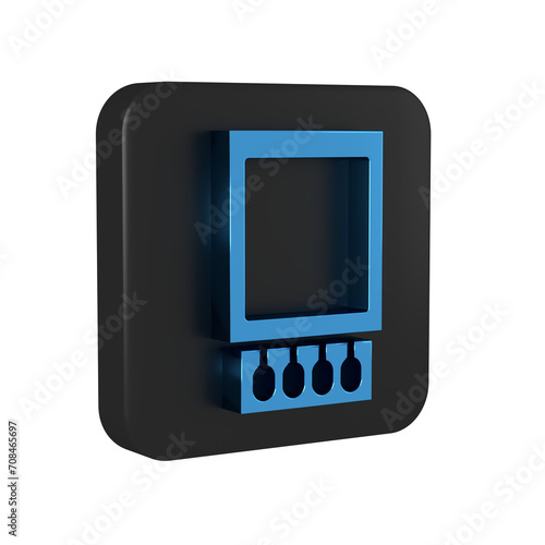 Blue Open matchbox and matches icon isolated on transparent background. Black square button.