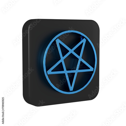 Blue Pentagram in a circle icon isolated on transparent background. Magic occult star symbol. Black square button.