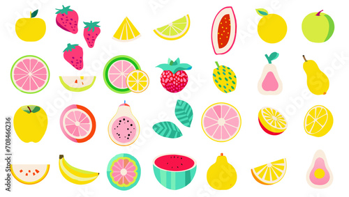 Fruit illustration set. Flat color  simple taste. Strawberries  oranges  lemons  watermelons  mangos  bananas  apples  etc.