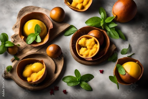 A dreamy composition of a passion fruit mango sorbet, served in a hollowed-out passion fruit shell and garnished with mint leaves. © pick pix