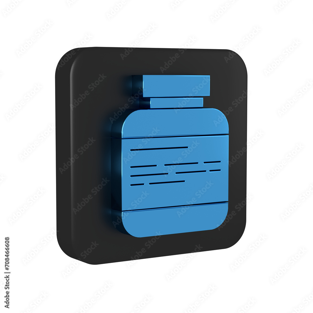 Blue Medicine bottle and pills icon isolated on transparent background. Medical drug package for tablet, vitamin, antibiotic, aspirin. Black square button. Blue Medicine bottle and pills icon isolated on transparent background. Medical drug package for tablet, vitamin, antibiotic, aspirin. Black square button.