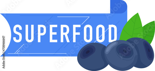 Blue superfood label with three fresh blueberries and green leaves. Healthy diet and nutrition concept with organic berries vector illustration.