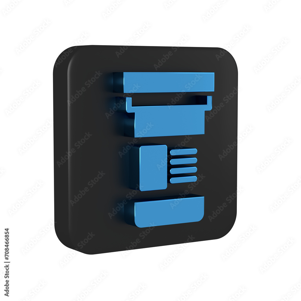 Fototapeta premium Blue Medicine bottle icon isolated on transparent background. Bottle pill sign. Pharmacy design. Black square button.