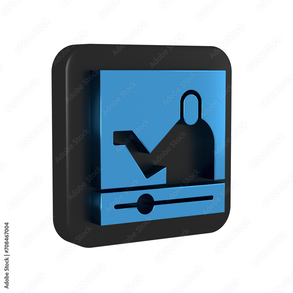 Blue Online education and graduation icon isolated on transparent background. Online teacher on monitor. Webinar and video seminar learning. Black square button. Blue Online education and graduation icon isolated on transparent background. Online teacher on monitor. Webinar and video seminar learning. Black square button.