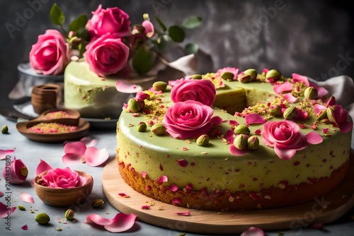 A visually appealing composition of a pistachio rosewater cake, topped with pistachio crumbles and delicate rose petals.