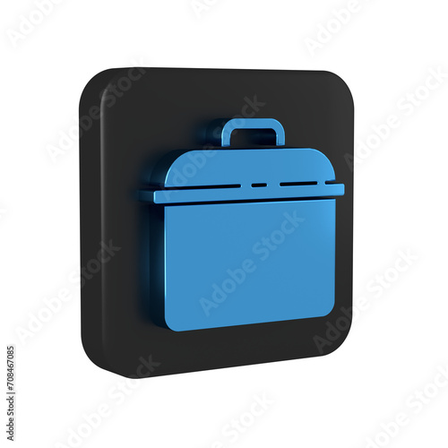 Blue Cooking pot icon isolated on transparent background. Boil or stew food symbol. Black square button.