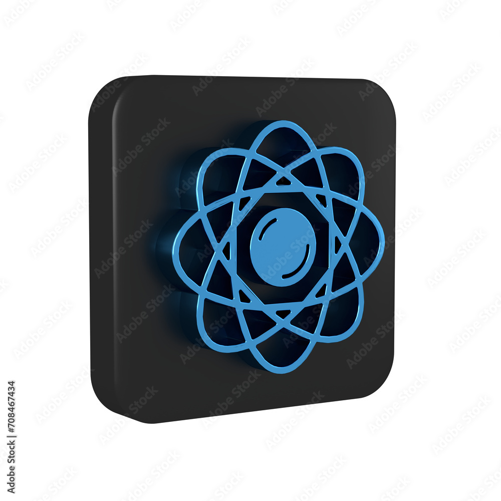 Blue Atom icon isolated on transparent background. Symbol of science, education, nuclear physics, scientific research. Black square button. Blue Atom icon isolated on transparent background. Symbol of science, education, nuclear physics, scientific research. Black square button.