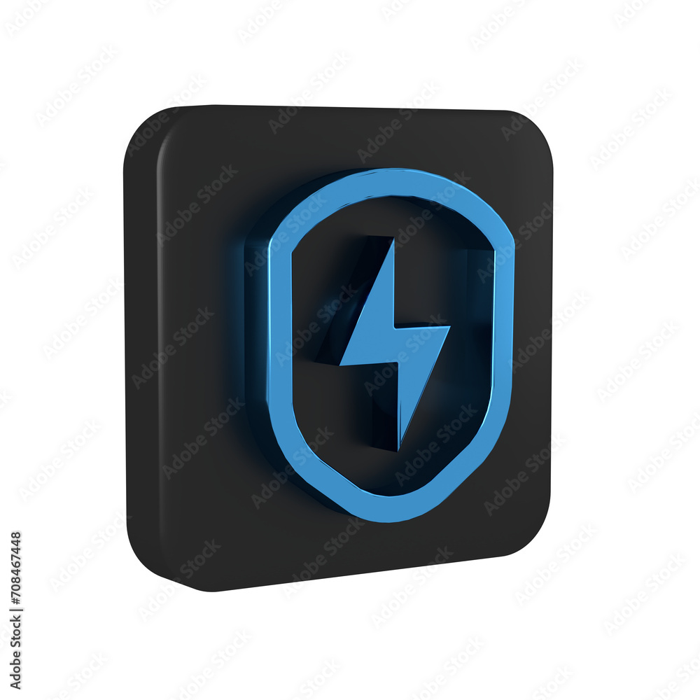 Blue Secure shield with lightning icon isolated on transparent background. Security, safety, protection, privacy concept. Black square button. Blue Secure shield with lightning icon isolated on transparent background. Security, safety, protection, privacy concept. Black square button.