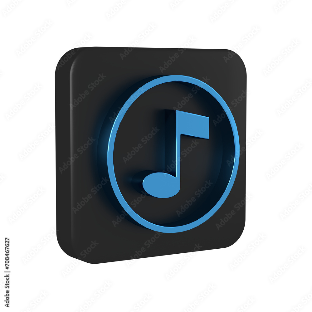 Blue Music note, tone icon isolated on transparent background. Black square button. Blue Music note, tone icon isolated on transparent background. Black square button.